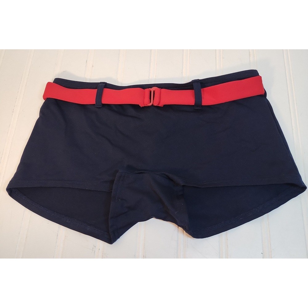 Baltex Vintage Navy Blue Swim Boy Shorts Red Belted Waist Womens 8 Nautical Y2K